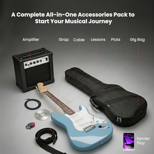 Image of Fender Squier Stratocaster Electric Guitar - Daphne Blue Bundle with Amplifier, Gig Bag, Cable, Strap, Picks, and Austin Bazaar Instructional Video