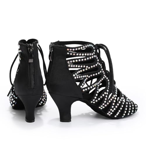 HIPPOSEUS Women's Rhinestone Latin Dance Boots Lace up Ballroom Salsa Dancing Booties3