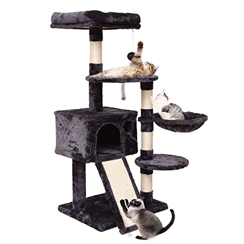 JISSBON Kratzbaum für Katzen, 120 cm, mehrstöckig, mit Höhle, Leiter, Hängematte und Plüsch-Sitzstangen für Kätzchen, ausgewachsene Katzen, grau Cover