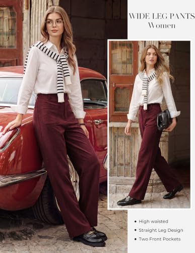 GRACE KARIN Womens Pants 2026, High Waisted Loose Dress Pants, Casual Daily Elastic Back Waist Soft Corduroy Trousers Wine S — view 4