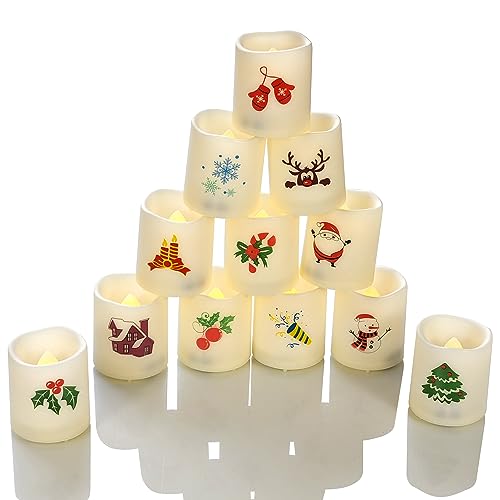 Image of Battery Operated Flameless LED Votive Candles with Christmas Decals 12 PCS