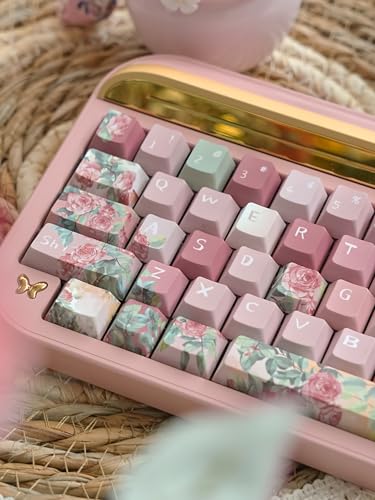 Image of Pink Rose Keycaps Cherry Profile PBT Keycaps for 60% 65% 75% Mechanical Keyboards Dye Sub Full Size 128 Keys for MX Switches Custom Gaming Keyboard