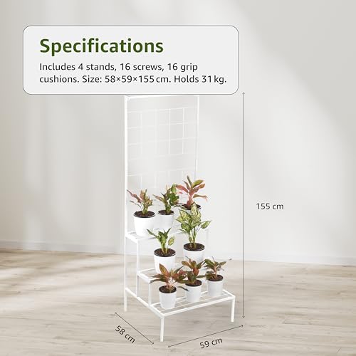 Image of Amazon Brand - Solimo 4-Tier Metal Planter Stand (White) - for Living Room, Balcony, Patio, Indoor & Outdoor Use, 58 x 59 x 155 cm, Garden Rack for Flower Pots, Holds up to 31 kg
