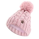 ASUGOS Kids Fall Winter Hats Cottom Jersy Lined Soft Warm Boys Girls Cold Weather Beanie with Big Yarn Pom Pom Children's Outdoor Caps (Pink)