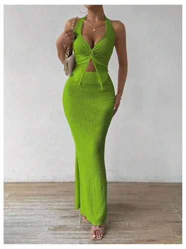 Image of SOLY HUX Women's Two Piece Outfits Twist Front Halter Cami Tops and Skirt Summer Set
