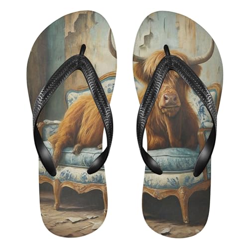 Burbuja Highland Cow Flip Flops for Women Men, Soft Thong Sandals Rubber Slippers for Pool Beach Essentials