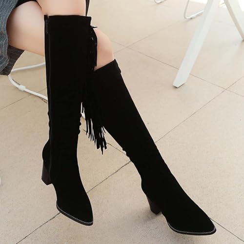 Knee High Boots for Womens Fringe Chunky Block Knee High Heeled Zipper Dressy Boots Tassel Pointed Toe Comfy Riding Boots4
