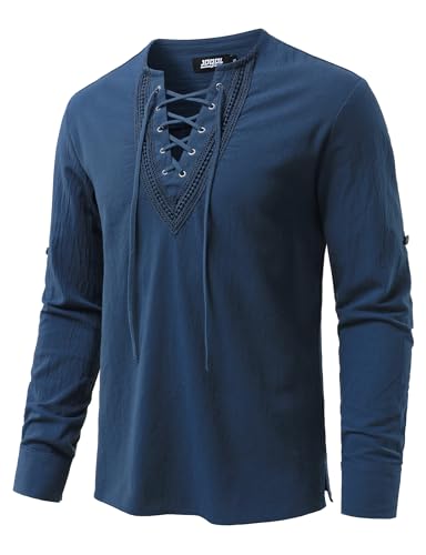 Image of JOGAL Mens Renaissance Shirt Medieval Pirate Viking Halloween Costume Gothic Steampunk Retro Long Sleeve Lace Up Shirts
