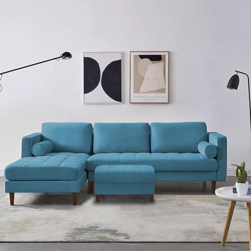 Image of Lezra LHS 4 Seater L Shape Sofa Set with Center Table for Living Room (Turquise Fabric) Premium Fabric Sofa