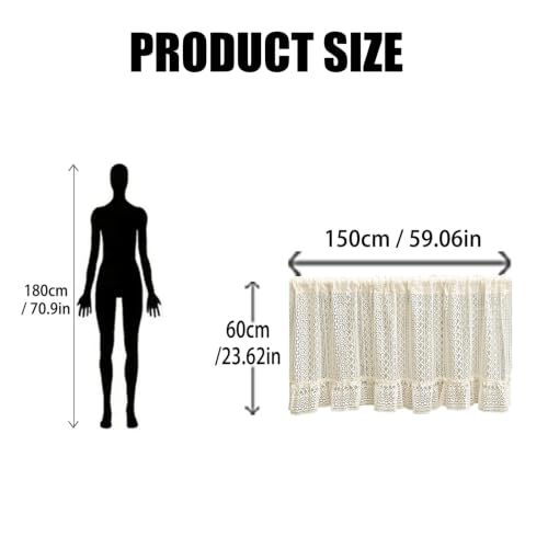 Image of Lace Short Curtain 150x60cm, Semi Sheer Cafe Curtain Kitchen Window Valance, Light Filtering Kitchen Curtains for Small Windows