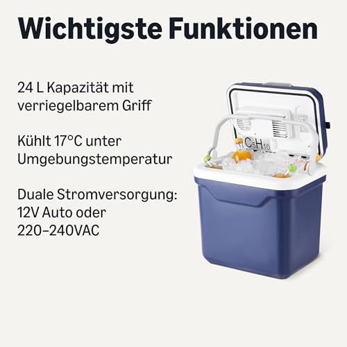 Amazon Basics Elektrische Kühlbox mit Kühl- und Wärmefunktion, 12 V DC/230 V AC für den Fahrzeug- und Heimgebrauch, 24 Liter, Blau