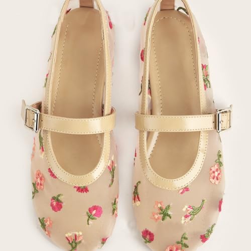 Women's Embroidered Mesh Ballerinas Shoes Round Toe Ballet Flats with Buckle Strap Summer Fashion Flat3