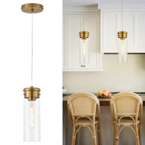 puncoll Brushed Gold Pendant Light Hanging Light - Industrial Pendant Lighting Fixtures for Kitchen Island - 1-Light Hanging Lights Over Sink, H3955-1-CLBG