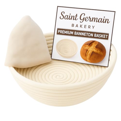 Saint Germain Bakery Premium Round Bread Banneton Basket with Liner - Perfect Brotform Proofing Basket for Making Beautiful Bread (9 inch)