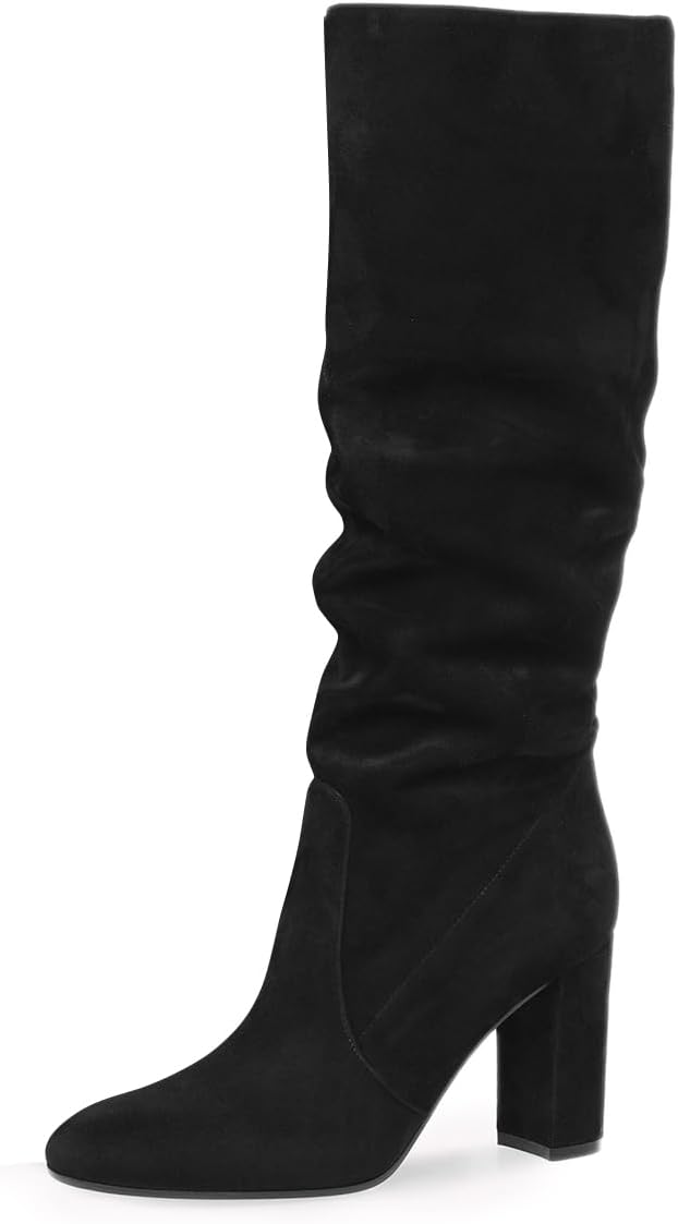 FOWT Women Slouchy Wide Calf Knee High Boots Round Toe Chunky Block High Heels Pull On Fall Winter Daily Work Dress Shoes Size 4-16 US