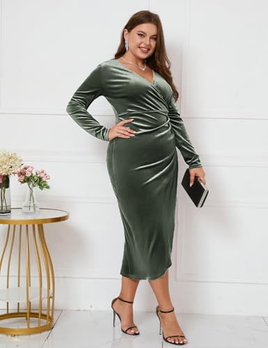 Image of ZOMVA Plus Size Velvet Wrap Dress Ruched Bodycon Dress Long Sleeves Ruffle Long Elegant Party Wedding Guest Cocktail Holiday