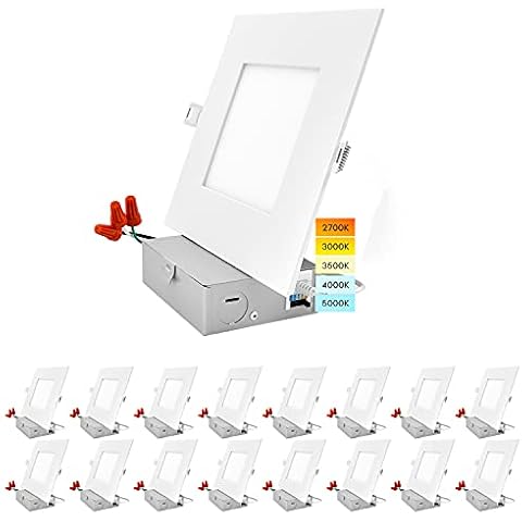 LUXRITE 16 Pack 6 Inch Ultra Thin Square LED Recessed Lighting, 5 Color Options 2700K - 5000K, Dimmable LED Downlight, 12W, IC & Wet Rated, 1000 Lumens, Canless LED Recessed Light, ETL Cover