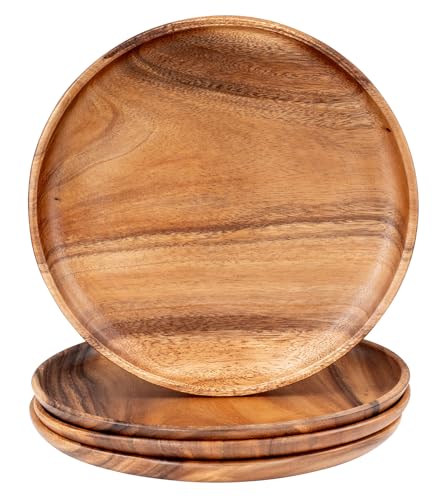 levandeo Lot de 4 assiettes rondes en bois d'acacia - Diamètre : 30 cm - Assiettes décoratives en bois d'acacia - Fabriquées à la main - Décoration de table unique