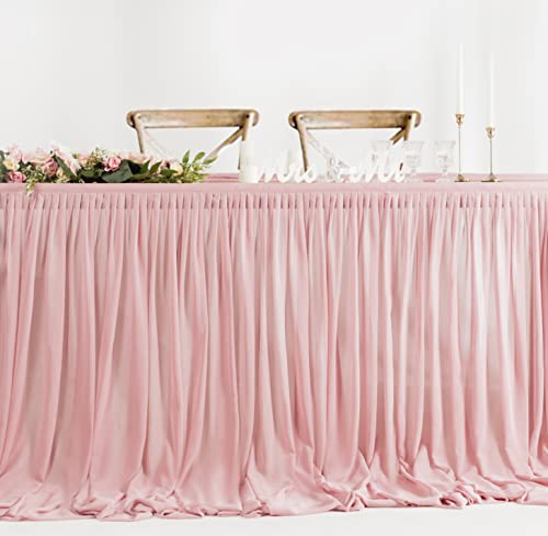 Mohoeey 9Ft Dusty Rose Chiffon Table Skirt With Extra Length,Tulle Table Skirt For Backyard Lawn Wedding Dessert Birthday Party Cake Tablecloth Decoration. #TOP2