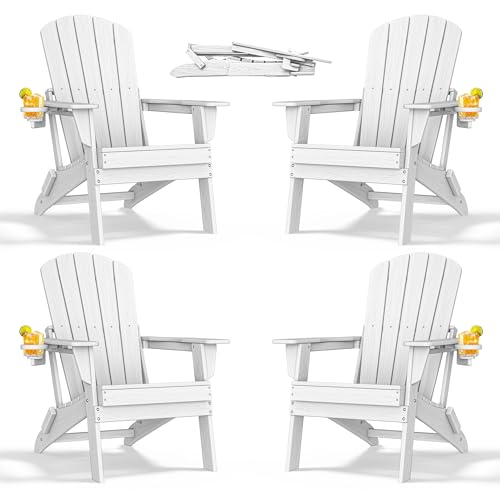 Folding Adirondack Chair - Extended Ergonomic Backrest, Cup Holder - Easy Assembly - Durable HDPE Plastic, Weather Resistant & Maintenance-Free - Lawn, Patio, Deck Supports 380lbs White Whit