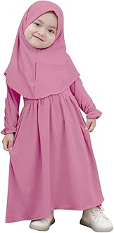 AWIBMK Baby Girls Two-Piece Abaya Dubai Turkey Prayer Maxi Dress + Full Cover Hijab Muslim Long Sleeve Robe Islamic Clothing