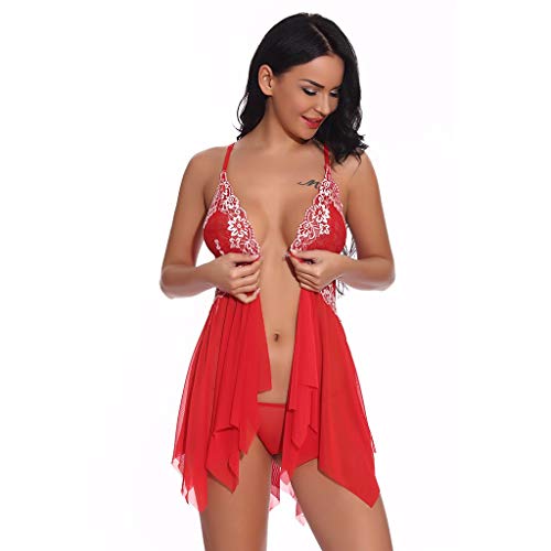 Finebo Lencería de Talla Grande para Mujeres para Sexo Babydoll Lencería para Mujeres Encaje Frontal Abierto Sheer Chemise Closure Babydoll Encaje Cuello en V Malla Ropa de Dormir Lencería