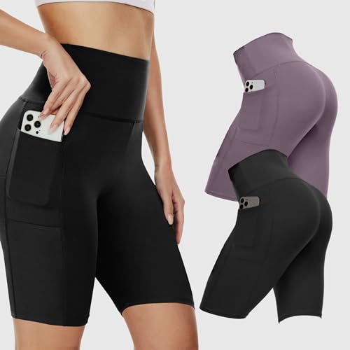 2-Pack Women's High-Waist 8-Inch Biker Shorts with Pockets - Tummy Control Yoga Shorts for Workout, Running, Lounge Large-X-Large (Black+purple)