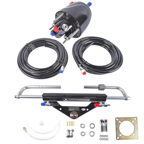 AKWH 150HP Hydraulic Outboard Steering Kit, Two-Way Locking Cylinder, 2X 20FT Hydraulic Hoses & 150HP Pump, Single-Station Setup, Single-Engine use
