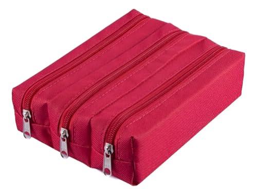 Estojo Escolar Triplo com 3 Compartimentos em Nylon Impermeável – Organizador de Lápis e Canetas(Vermelho)
