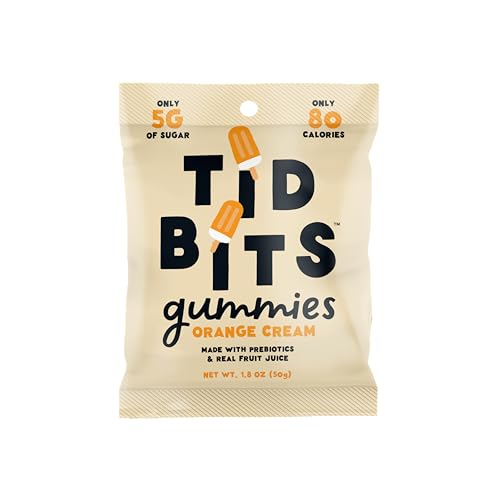 TiDBiTS Gummy Candies Orange Cream 1.8oz (Pack of 12) with Low Sugar (5g) Low Calorie (80) No Artificial Sweeteners Plant-Based Fiber Prebiotics Real Fruit Juice Fruit Gummies Healthy Snack