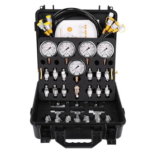 SINOCMP Hydraulic Pressure Test Kit with 5 Gauges 5 Test Hoses 13 Couplings 14 Tee Connectors, Hydraulic Tester Gauge Set 10/100/250/400/600Bar for Excavator Construction Machinery