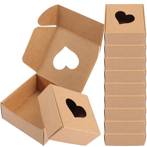 UKCOCO Cajas de Papel Kraft 20 Unidades 65x65x30 Mm Ventana Hueca en Forma de Corazón, Caja de Embalaje Vintage para Dulces, Jabones Artesanales y Regalos, Adecuado para Fiestas