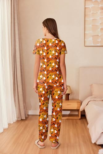 Image of Ekouaer Womens Pajama Sets Short Sleeve Lounge Sets for Women Printed Jogger Pajama Set 2 Piece Pj Sets With Pockets S-XXL