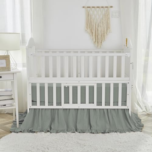 Image of Brandream Boho Bohemian Girl Baby Nursery Crib Bed Skirt Dust Ruffle - Neutral Solid Color Sage Green Farmhouse Chic 100% Washed Cotton Ruffle