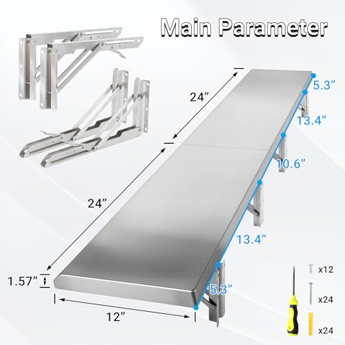 Image of Folding Concession Shelf 12 inch x 48 inch Spliced Style | Stainless Steel Drop Down Serving Food Shelf, Easy to Clean & Space-Saving Concession Shelves for Garage, Food Cart