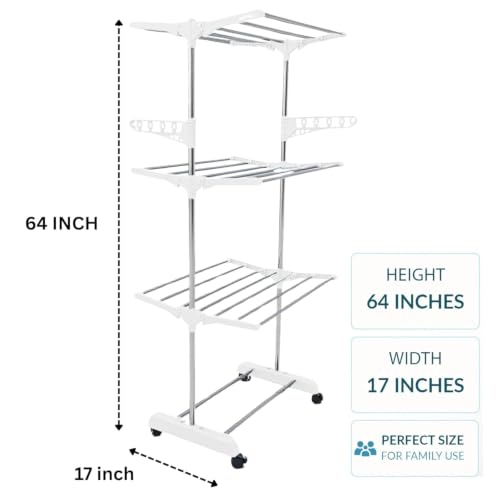 Image of H Houseware Single Pole Stainless Steel 3 Tier Cloth Drying Stand with Wheels | Foldable Clothes Dryer & Laundry Rack | Rustproof & Portable | 43.2D x 78.7W x 165H cm(White)