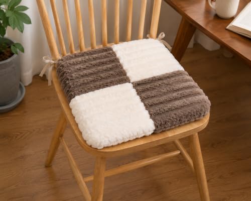 Image of Amazon Brand - Umi Taupe & White Checkerboard Faux Fur Chair Seat Cushions, 16x16 Inch Fluffy Dining Chair Pads with Ties, Foam-Filled Modern Neutral Chair Pads, Set of 2