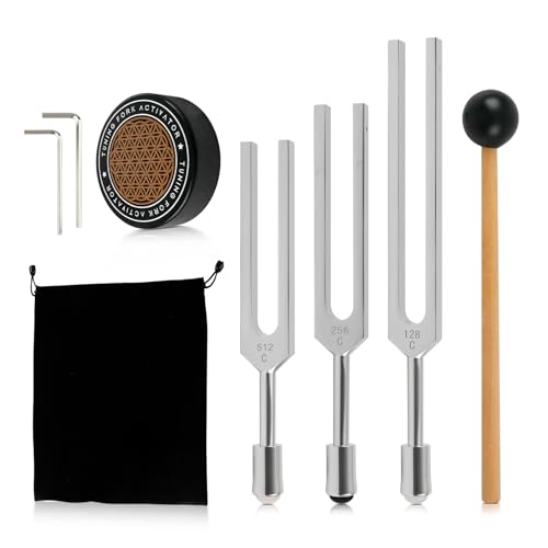 Diapasones para Sanación 128 Hz, 256 Hz, 512 Hz, 3 Diapasones de Chakra con Bases de Cristal, Mazo y Activador para Meditación, Terapia de Sonido y Armonización del Biocampo