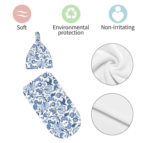 Image of Blue and White Porcelain Floral Vintage Chinoiserie Newborn Swaddle Blankets Baby Stuff Soft Swaddling Blanket with Beanie Sets Gifts for Infant Boys Girls