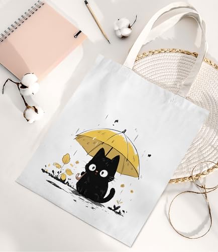 Image of Cute Cat Canvas Tote Bag for Women, Aesthetic Reusable Shoulder Bag for Shopping Travel Work