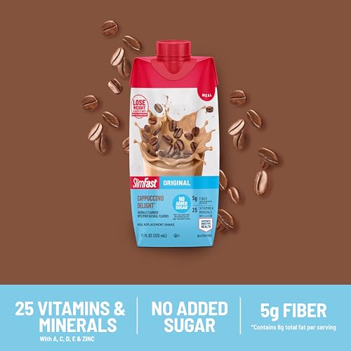 slimfast meal replacement shake original cappuccino delight no added sugar meal replacement shakes 10g ready to drink protein 5g fiber 25 vitamins and minerals 11 fl oz 12 count