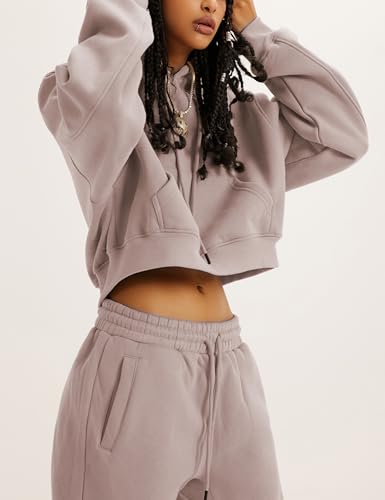 Womens Fleece 2 Piece Outfits Sweatsuit Crop Hooded Pullover Sweatshirt Top Jogger Sweatpants Tracksuits Set3