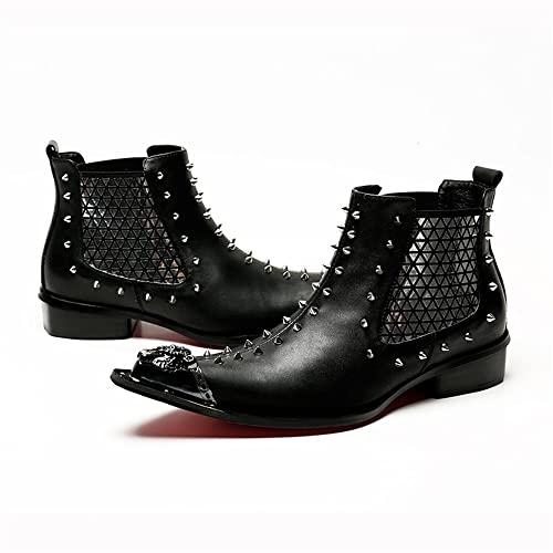 Men Patch Work Two Tones Band Rivets Studs Decortaion Metal Pointed Toe Genuine Leather Punk Boots for Men Men's Leather Shoes3