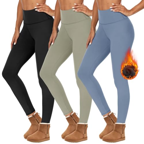 High Waisted Leggings for Women - Soft Athletic Tummy Control Pants for Running Cycling Yoga Workout Small-Medium 3 Pack Black, Tea Gray, Morandi Blue（fleece Lined）