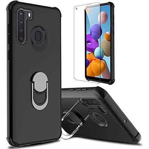lovpec Galaxy A21 Case with Soft TPU Screen Protector, Ring Holder Kickstand Shockproof Protective Phone Cover Case for Samsung Galaxy A21 (Black) Cover