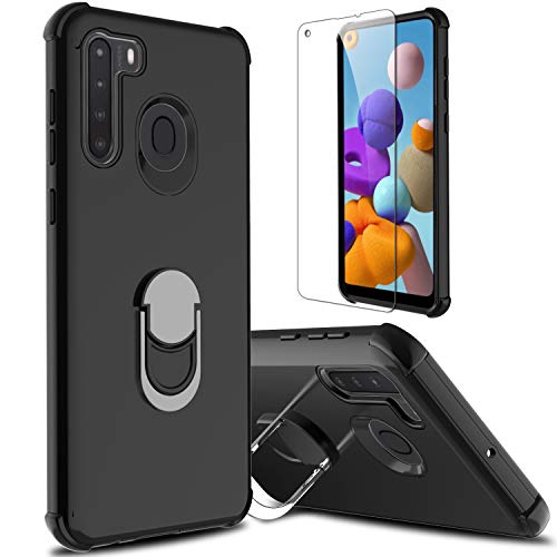 lovpec Galaxy A21 Case with Soft TPU Screen Protector, Ring Holder Kickstand Shockproof Protective Phone Cover Case for Samsung Galaxy A21 (Black)