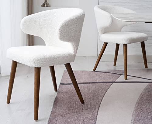 Vescasa Sherpa Modern Dining Chairs With Wood Legs, Upholstered Curved Back Side Chairs For Dining Room/Living Room, Set Of 2, White #TOP13