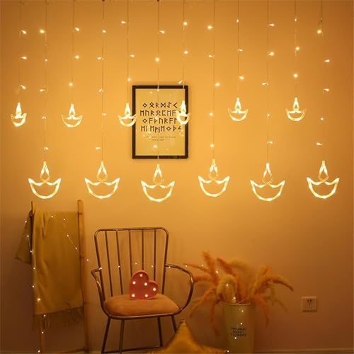 Image of HashWOW 3 Meter 12 Diyas Curtain Led Festive Lights, Warm White Diya /Diwali Light Curtain Indoor Window String Lights, Decoration for Wedding, New Year & Home, 6 Large &6 Small Diyas, Pack of 1