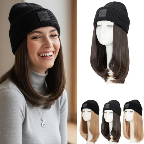 S-noilite Beanie Wig Hat with Hair Attached for Women Knitted