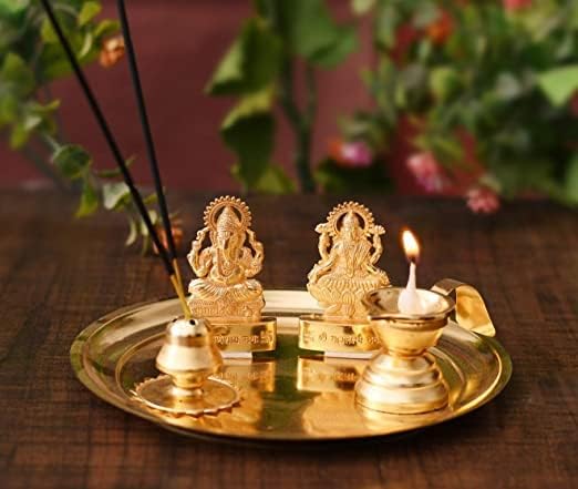 UmI. Pooja Thali Set For Aarti - Metal Laxmi Ganesh Idol Showpiece -Bhai Dooj Traditional Diya - Puja Article Spiritual Diwali Gift Items (1 Box), Gold